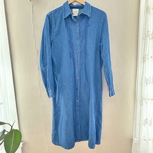 Vermont Country Store Womens Collared Denim Midi Dress Size L Modest Jumper Blue